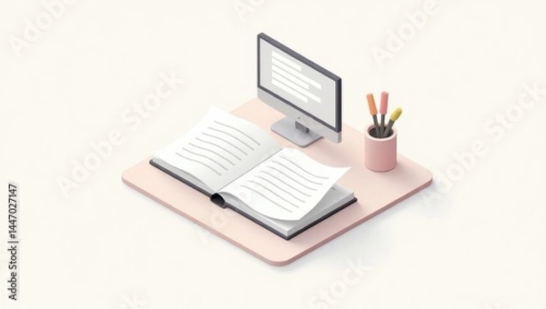 Fototapeta Knowledge Culture. Study in solitude. Isolated 2D Isometric Illustration. Lone figure studies in solitude, surrounded by trappings of knowledge and modern technology isolation.