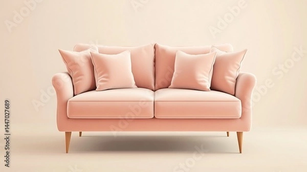 Fototapeta Pastel pink sofa with cushions on light background.