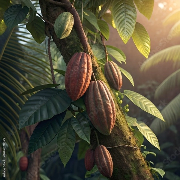 Fototapeta Close-up of Cacao (Theobroma cacao) Pods Hanging on Tree, Tropical Rainforest, Ripe Cocoa Pods, Chocolate Plant, Organic Cacao, Cocoa Beans Growing on Tree, Green and Red Cacao Pods, Harvesting Cocoa