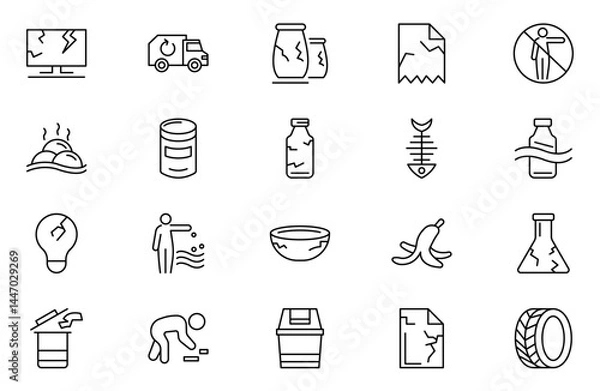Fototapeta Garbage outline icon set. Plastic bottles, biodegradable trash, junk truck, landfill, paper, glass, batteries, garbage disposal, trash separation line icon set. Editable stroke. Vector illustration