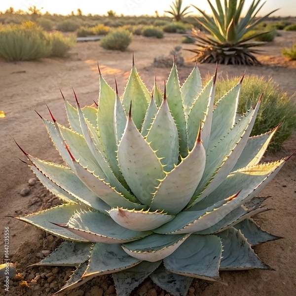 Fototapeta Huachuca Agave Plant in Desert Garden, Spiky Green Leaves, Desert Succulent, Agave Cactus Close-up, Huachuca Agave in Natural Habitat, Desert Landscape, Succulent Plant Growth, Spiny Leaves, Sunlit Ag