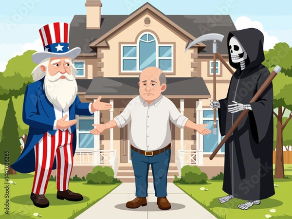 Obraz three figures stand in the front yard of a suburban house First, a nervous middle-aged balding suburban white man On his left is the second figure Uncle Sam