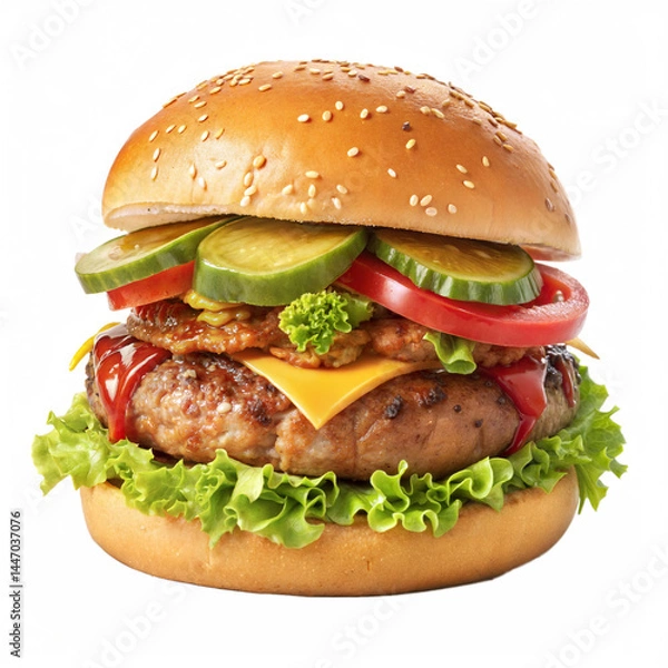 Fototapeta Delicious cheeseburger with sesame bun, lettuce, tomato, pickles, cheese, and patty on abstract colorful background — ideal for urban food posters, bold ads, burger shop branding, or pop art food prin
