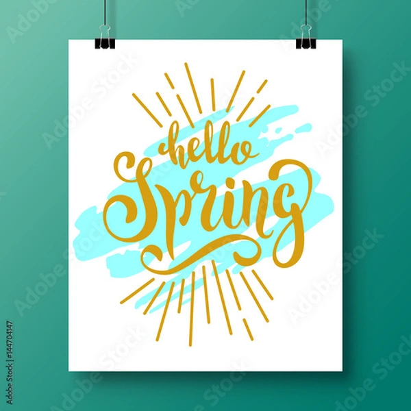 Fototapeta Poster with a unique handwritten phrase-hello Spring gold color executed in vintage style. Vector illustration for wallpaper, flyers, invitations, posters, brochures, greeting cards, banners.