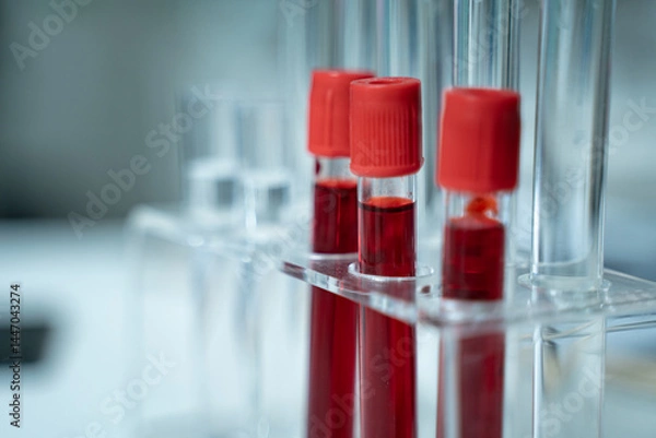 Obraz Laboratory research with blood sample in tube being dripped for medical test using liquid medicine under analysis to study results and improve scientific understanding