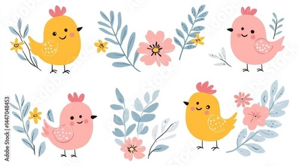 Obraz Delightful springtime chicks amidst blossoming florals in a whimsical arrangement showcasing pastel colors and playful pixelated charm for unique designs
