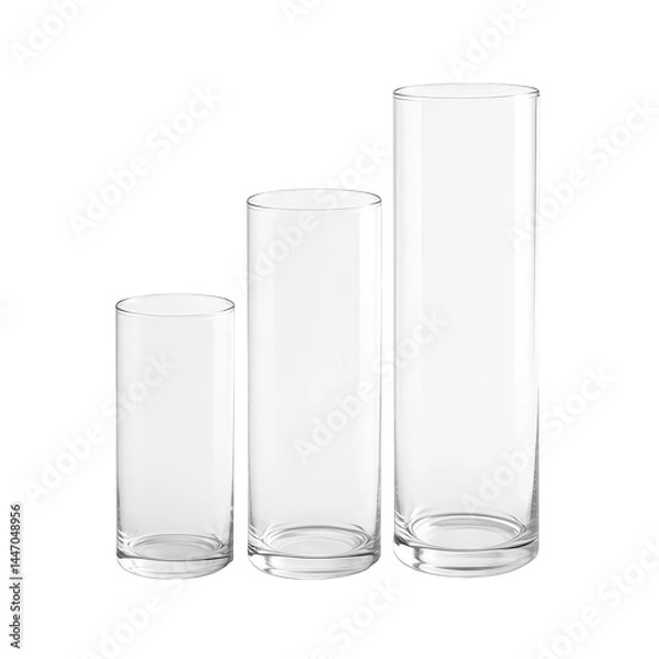 Obraz A clean arrangement of three clear glass cylindrical vases showcasing a natural progression in height.