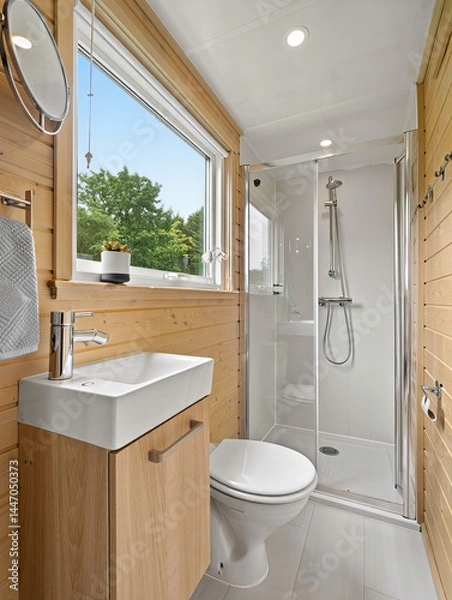 Fototapeta Compact modern tiny house bathroom with wood paneling, glass shower and window – minimalist interior with smart space-saving layout and natural light