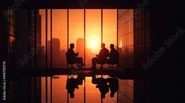 Fototapeta Silhouetted business people discussing plans with sunset background view