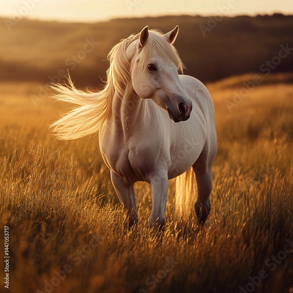 Fototapeta Majestic horse standing or grazing in a wide open field with tall grass and natural sunlight, surrounded by countryside scenery, symbolizing freedom, strength, and serene rural life
