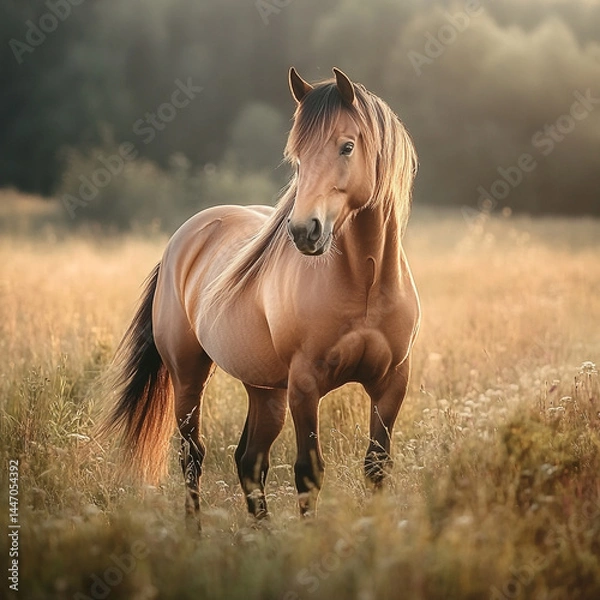 Fototapeta Majestic horse standing or grazing in a wide open field with tall grass and natural sunlight, surrounded by countryside scenery, symbolizing freedom, strength, and serene rural life