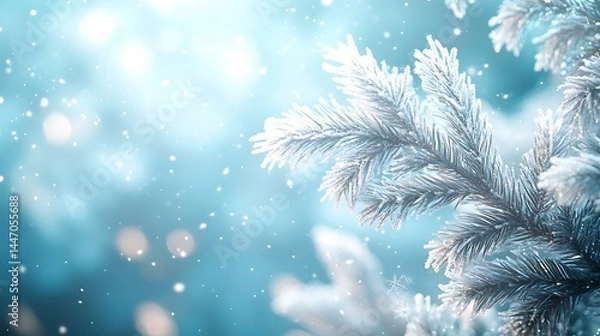 Fototapeta Frozen Winter Pine Branch Snowy Background Peaceful Nature Scene Holiday icy cold blue calm frost   