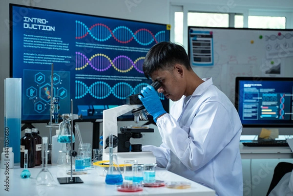 Fototapeta Asian scientist wearing lab coat and gloves using a microscope in a high tech laboratory focused on DNA research biotechnology healthcare and scientific innovation