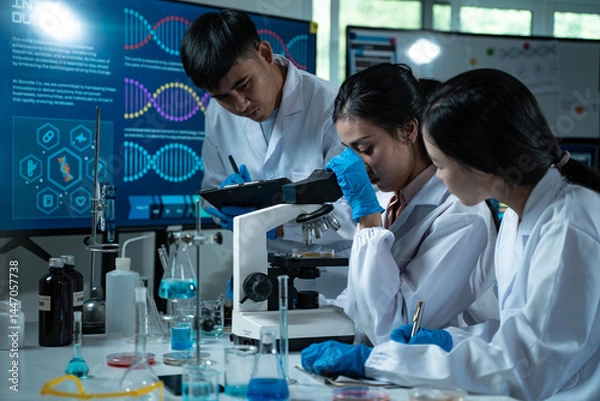 Fototapeta Three young scientists in lab coats working together in a laboratory examining a petri dish for microbiology biology and medical research with focus on education and innovation
