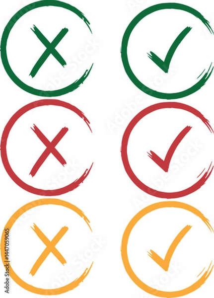 Obraz Check Mark and X Painted with Dry Brush on Rough Texture Icons