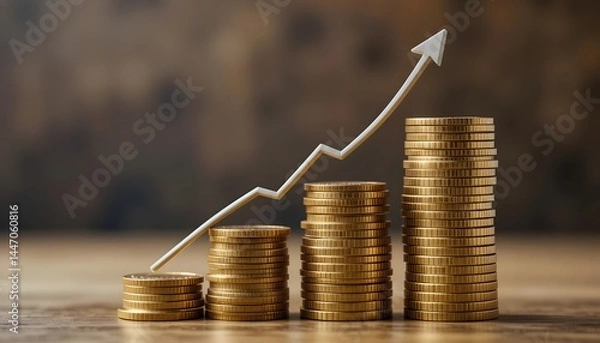 Fototapeta Growth trends represented by coins and an upward arrow in a modern setting