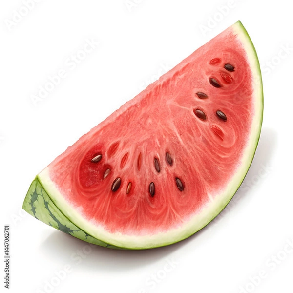 Fototapeta A single thin wedge or slice of watermelon, showing its vibrant pink-red flesh, dark seeds, and refreshing, juicy texture.