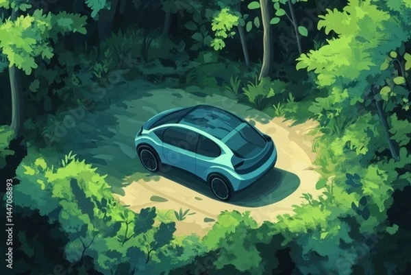 Fototapeta Blue car on a forest path on white background on transparent background