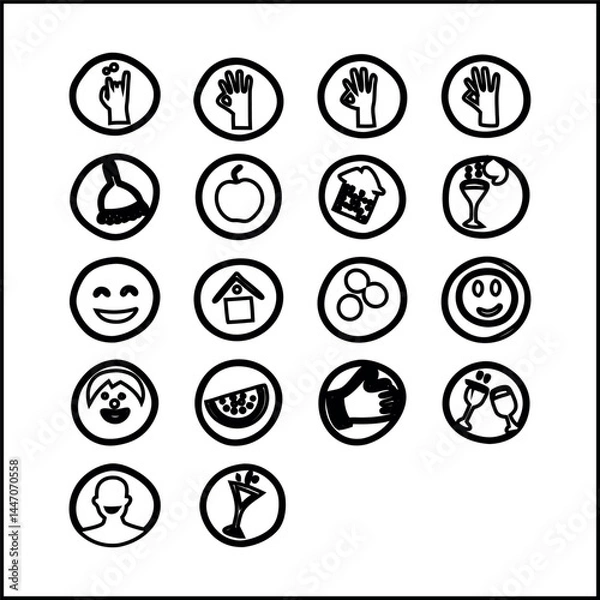 Fototapeta A set of icons for web and mobile design featuring symbols, buttons, and illustrations for business and internet use, with a focus on clarity and simplicity
