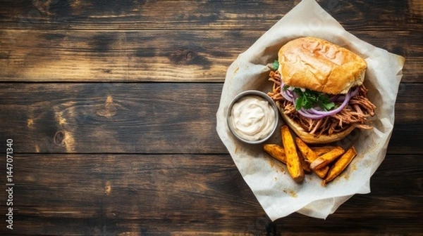Obraz Close-up view of a pulled chicken sandwich on wooden plate, topped with pickled onions, alongside sweet potato wedges and aioli for dipping