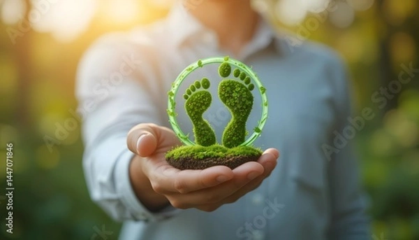 Fototapeta Carbon footprint concept. Man hand holding carbon reduction icon. Net zero and carbon neutral, Carbon emissions, CO2 neutrality, Sustainable energy, Climate change, Global warming, Greenhouse gas,