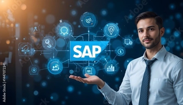 Fototapeta SAP System Application Products. Business process automation and management software concept. A businessman presents SAP related technology icons, business process automation, and management solutions