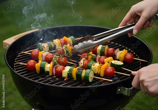 Fototapeta Colorful grilled vegetable skewers sizzling on the barbecue for summer enjoyment