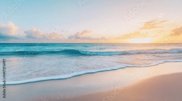 Fototapeta Sunset over tranquil ocean waves lapping at sandy beach shore
