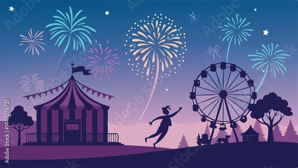 Obraz Design a vibrant poster advertising a fireworks display, featuring a whimsical ticket booth and celebratory elements.  Include bright colors and dynamic firework imagery.