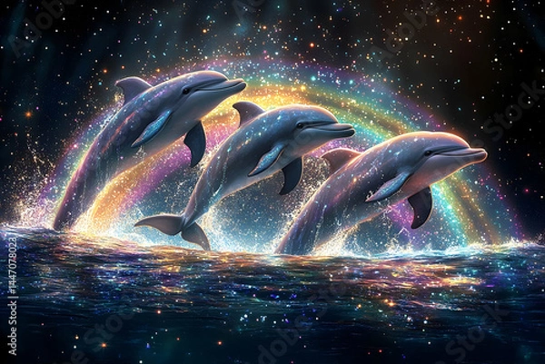 Obraz Three dolphins leap over a sparkling rainbow in a starry ocean.