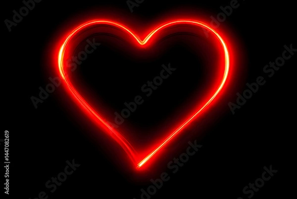 Fototapeta Radiant red heart outlined in light, set against a black background, shining bright