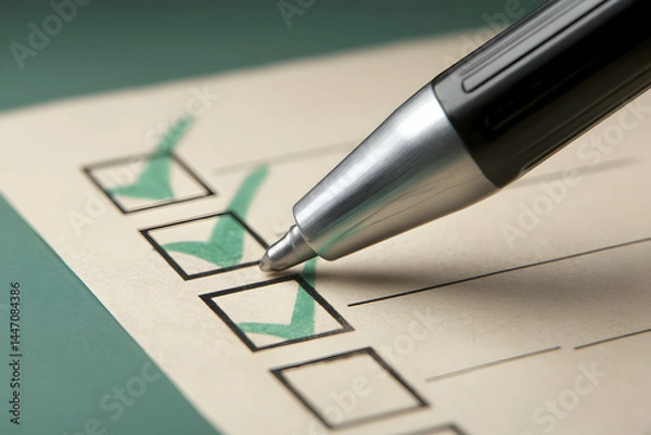 Fototapeta Checklist complete. Pen marks boxes on paper. Green ticks denote completed items. Light and shadow on surface