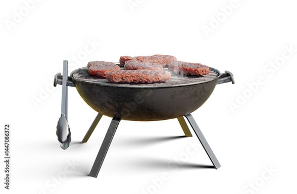 Fototapeta charcoal barbecue grill with beef patties cooking over an open flame. Smoke rises from the hot grill, isolated on white 3D illustration