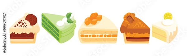 Fototapeta Illustration of different cake slices. Perfect for bakery menus, culinary designs or sweet treats themed projects.