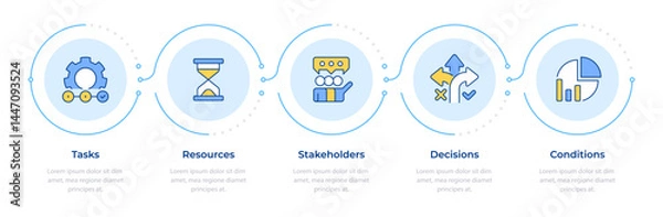 Obraz Workflow organization components infographic 5 steps. Business planning, statistics. Flow chart infochart. Editable vector info graphics icons. Montserrat-SemiBold, Regular fonts used