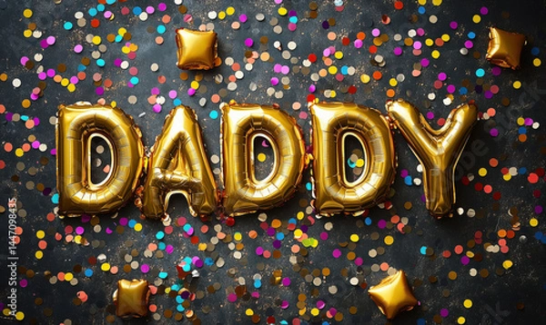 Fototapeta Gold balloons spelling daddy surrounded by colorful confetti for celebration.