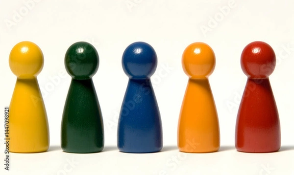 Fototapeta Colorful game pieces stand together in a line, yellow, green, blue, orange, and red, against a white background