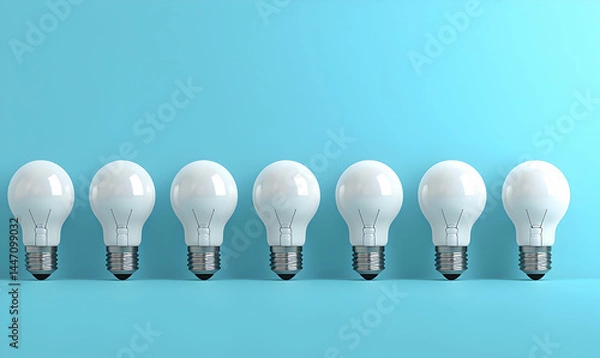 Fototapeta Seven white lightbulbs in a neat row against a light blue background. Clean, simple, and bright presentation