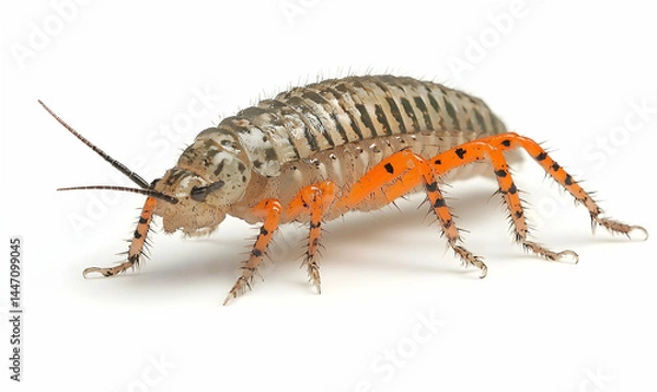 Fototapeta Close-up of a woodlouse featuring patterned shell and orange legs on a stark white background
