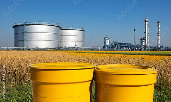Fototapeta Oil refinery behind wheat field with yellow containers on a sunny, cloudless day