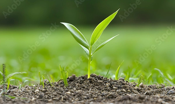 Fototapeta Seedling growth A fresh green sprout pushes through soil, promising future growth against soft green backdrop