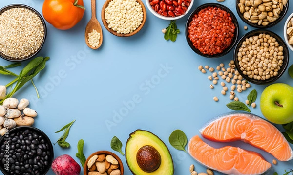 Fototapeta Healthy food variety arranged on blue background. Vibrant, fresh ingredients displayed in wooden bowls, copy space in center