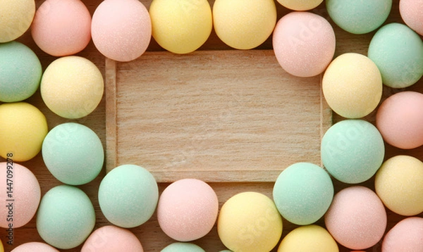Fototapeta Colorful candy arranged around a light wooden rectangle, pastel, yellow, pink, green, round