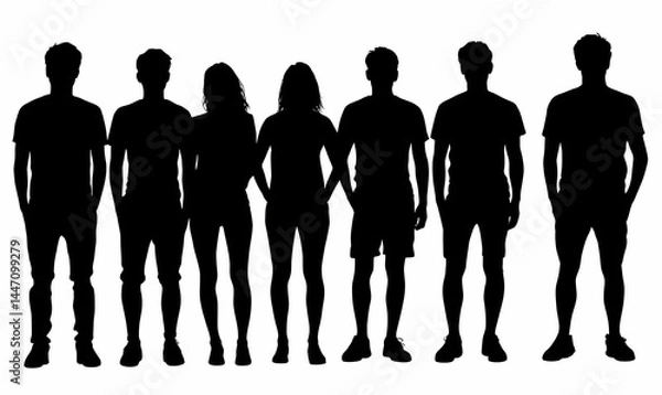 Fototapeta Silhouetted figures stand side-by-side, portraying diversity in body types and apparel against a blank white background