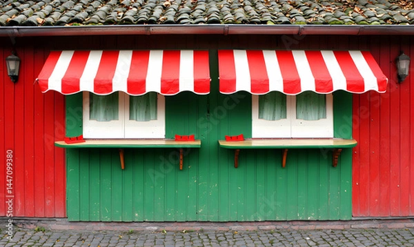 Fototapeta Colorful building facade featuring red/green paint, awning, and serving windows