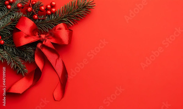 Fototapeta Festive arrangement Fir sprigs, red berries, and ribbon on vibrant red backdrop