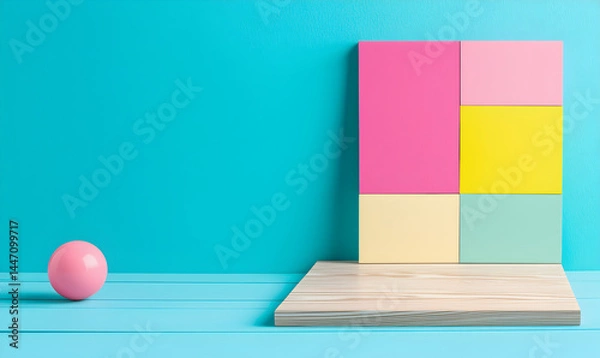 Fototapeta Colorful blocks create a geometric display. Pink ball sits to the side on a blue surface