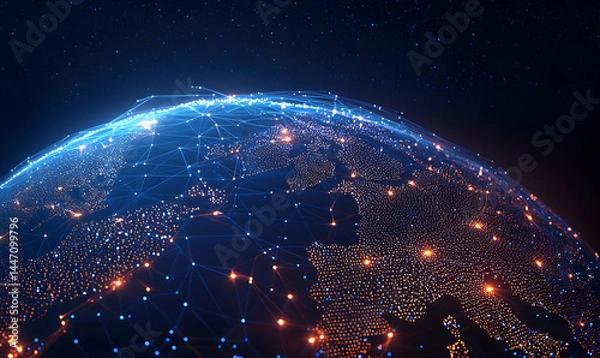 Fototapeta Networked Earth Digital globe with interconnected lights over continents in dark space