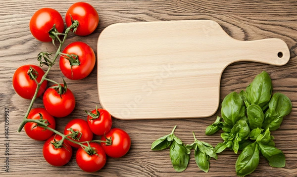 Fototapeta Wooden board, tomatoes on the vine, and fresh basil leaves lie on a wooden surface