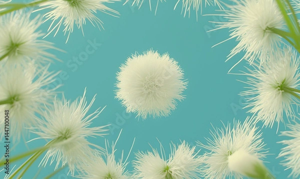 Fototapeta Fuzzy white flower heads with green stems form a frame against a blue background